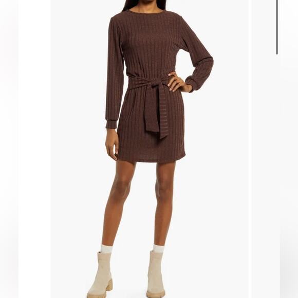 Fraiche By J Tie Front Long Sleeve Mini Sweater Dress In H.burgundy Size Large - Picture 1 of 11